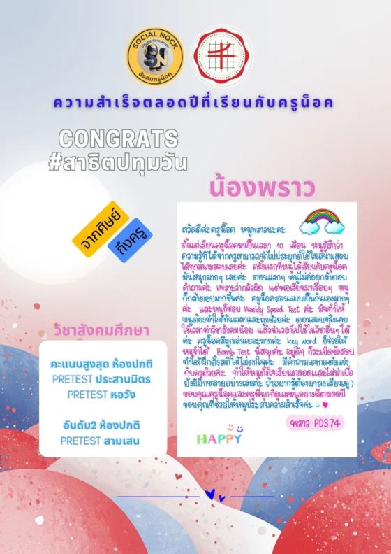 ตั้งแต่เรียนครูน็อคมาเป็นเวลา 10 เดือน หนูรู้สึกว่าความรู้ที่ได้จากครูสามารถนำไปประยุกต์ใช้ในสนามสอบได้ทุกสนามเลยค่ะ ตอนแรก ๆ หนูไม่ค่อยกล้าตอบคำถาม เพราะกลัวผิด แต่พอเรียนมาเรื่อย ๆ หนูก็กล้าตอบมากขึ้น ครูน็อคสอนแบบเป็นกันเองมาก ๆ และหนูชอบ Weekly Speed Test มันทำให้หนูต้องทำให้ทันเวลาและถูกด้วย ตอนสอบจริงเลยใช้เวลาทำวิชาสังคมน้อย แล้วนำเวลาไปใช้ในวิชาอื่น ๆ ได้ ครูน็อคมีลูกเล่นเยอะมาก Keyword ก็ช่วยให้หนูจำได้ Bomb Test ก็สนุก ทำให้ฝึกตั้งสติ ขอบคุณครูน็อคและครูพี่นุ๊กที่ดูแลหนูอย่างดีตลอดปี ขอบคุณที่ช่วยให้หนูประสบความสำเร็จค่ะ